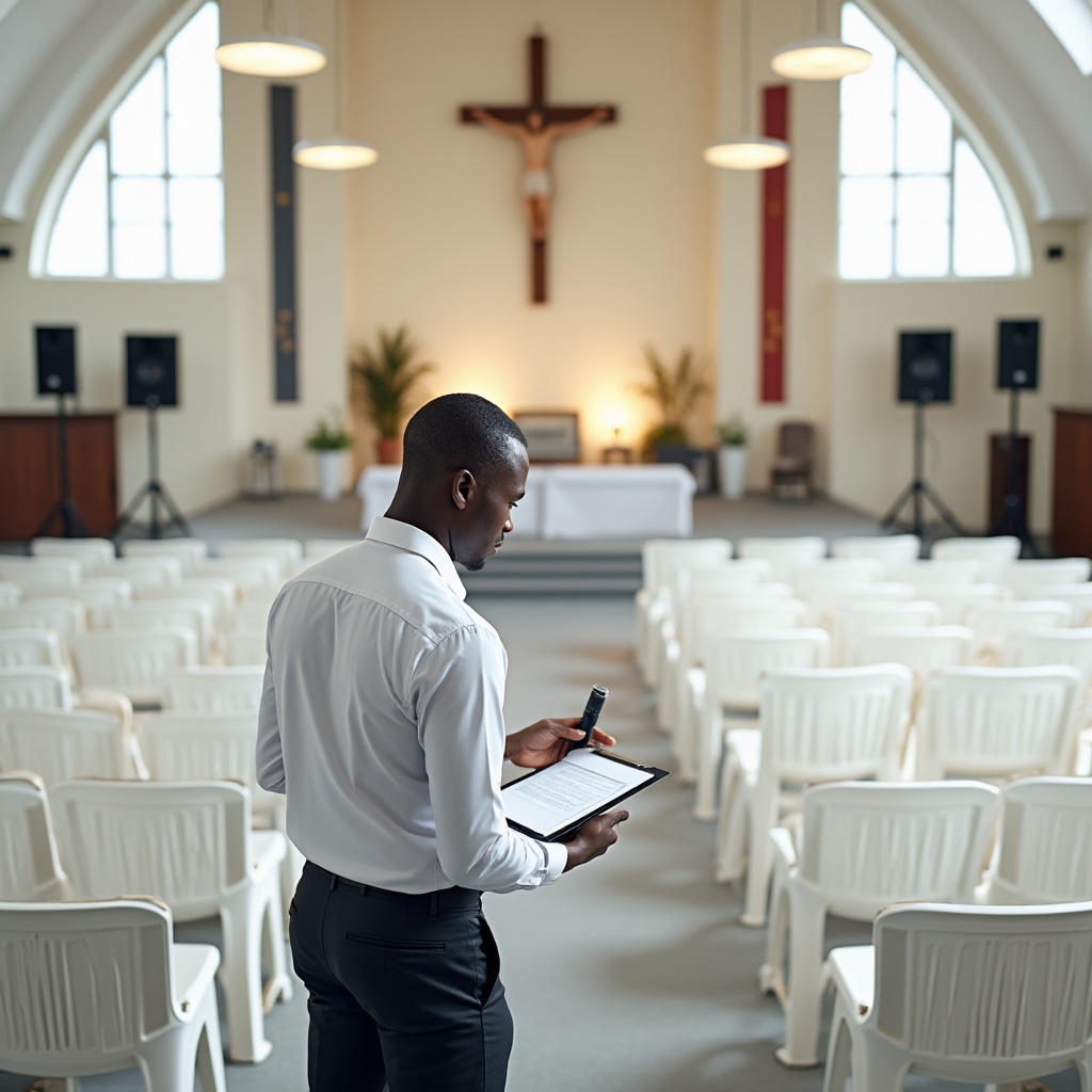 Church programme setup with organized seating and sound equipment