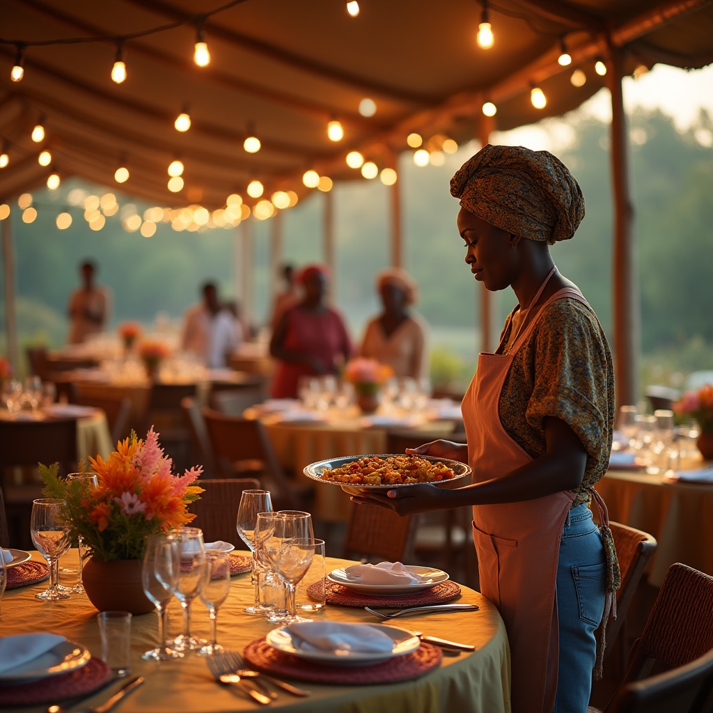 Family gathering with catering setup and decorated venue